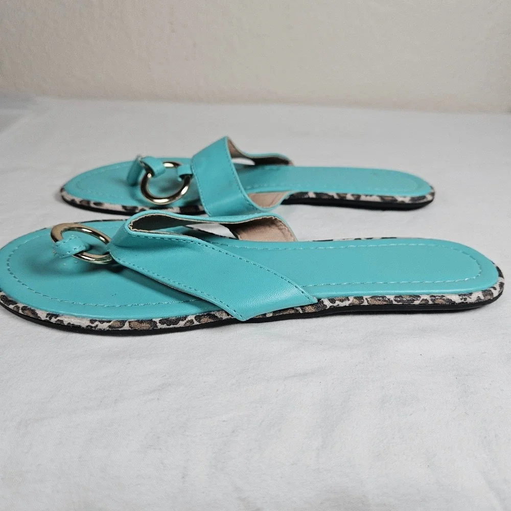 Turquoise Faux Leather Thong Sandals Gold Ring Leopard Trim Flat Slides Size 9